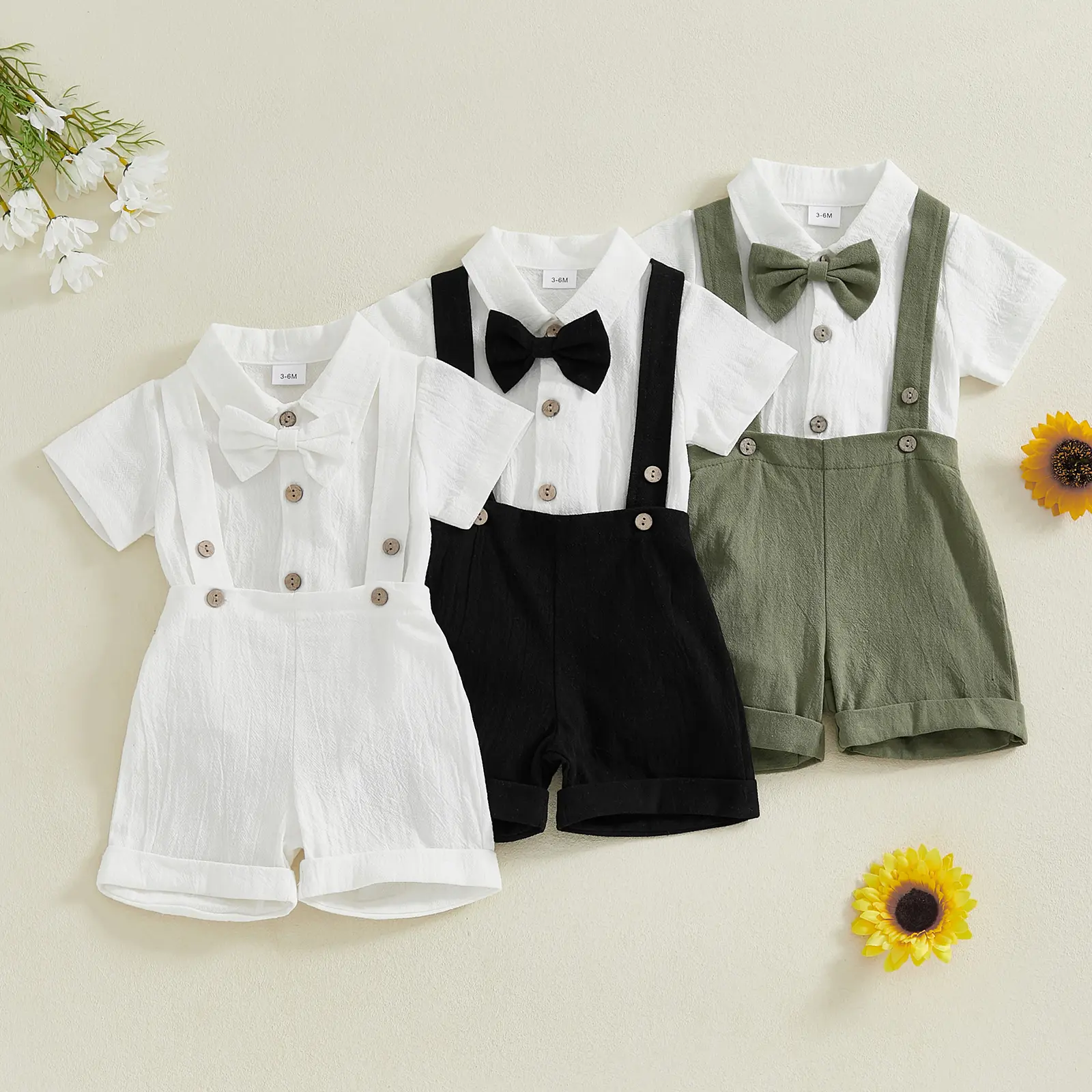 Baby Boy Gentleman Outfit 3-Piece Gift Set - Solid Cotton Lapel Neck Short-Sleeve Romper, Suspender Shorts, 1 Bow Tie Casual Clothes Outfits for 3-6 Months, 12-18 Months, 0 - 3 Months
