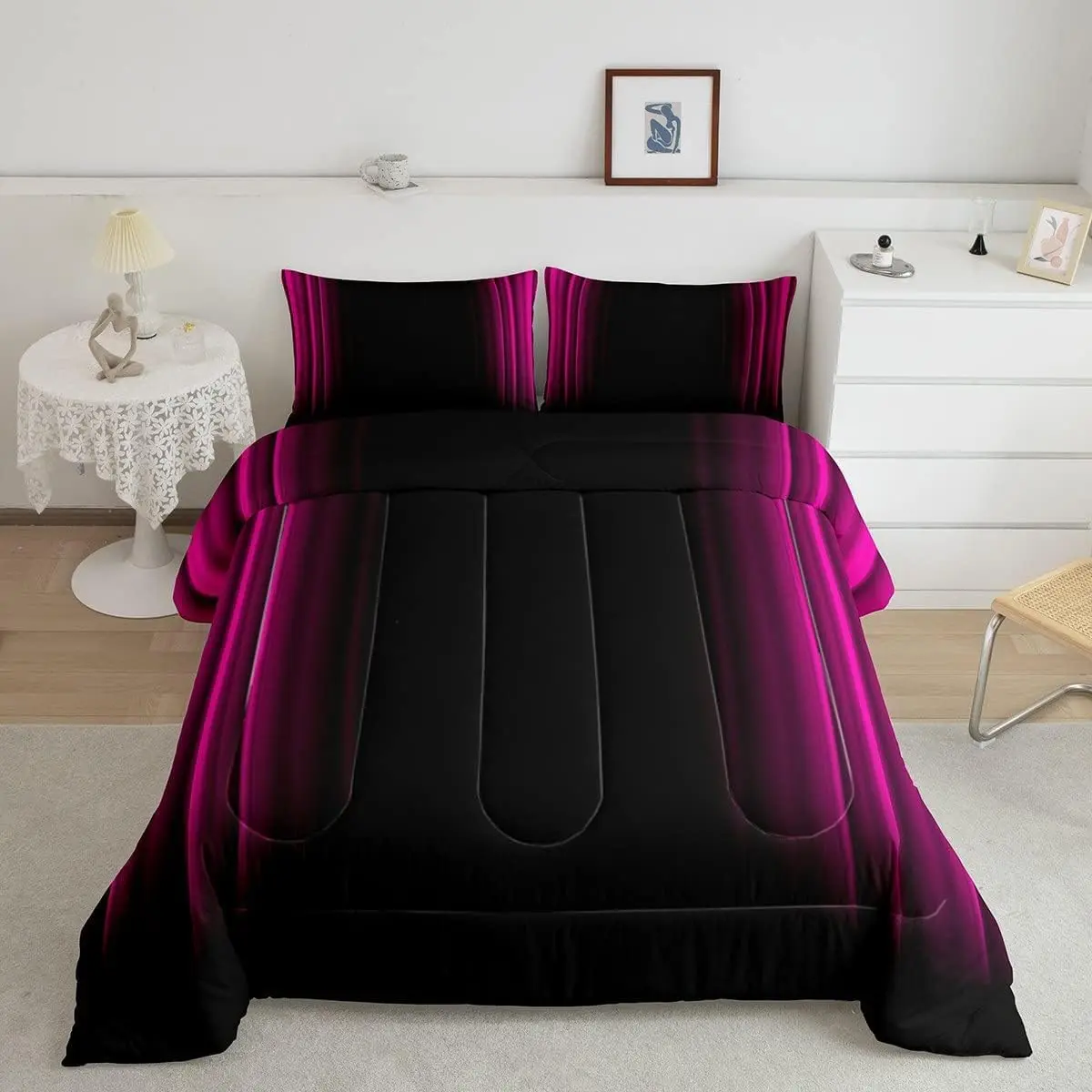 Feelyou Microfiber Bedspread Set - Modern Bedroom Geometric Abstract Ombre Digital Print, Rose Red & Black Stripes, Designer Breathable Lightweight Quilt Comforter, Multi-Size Options