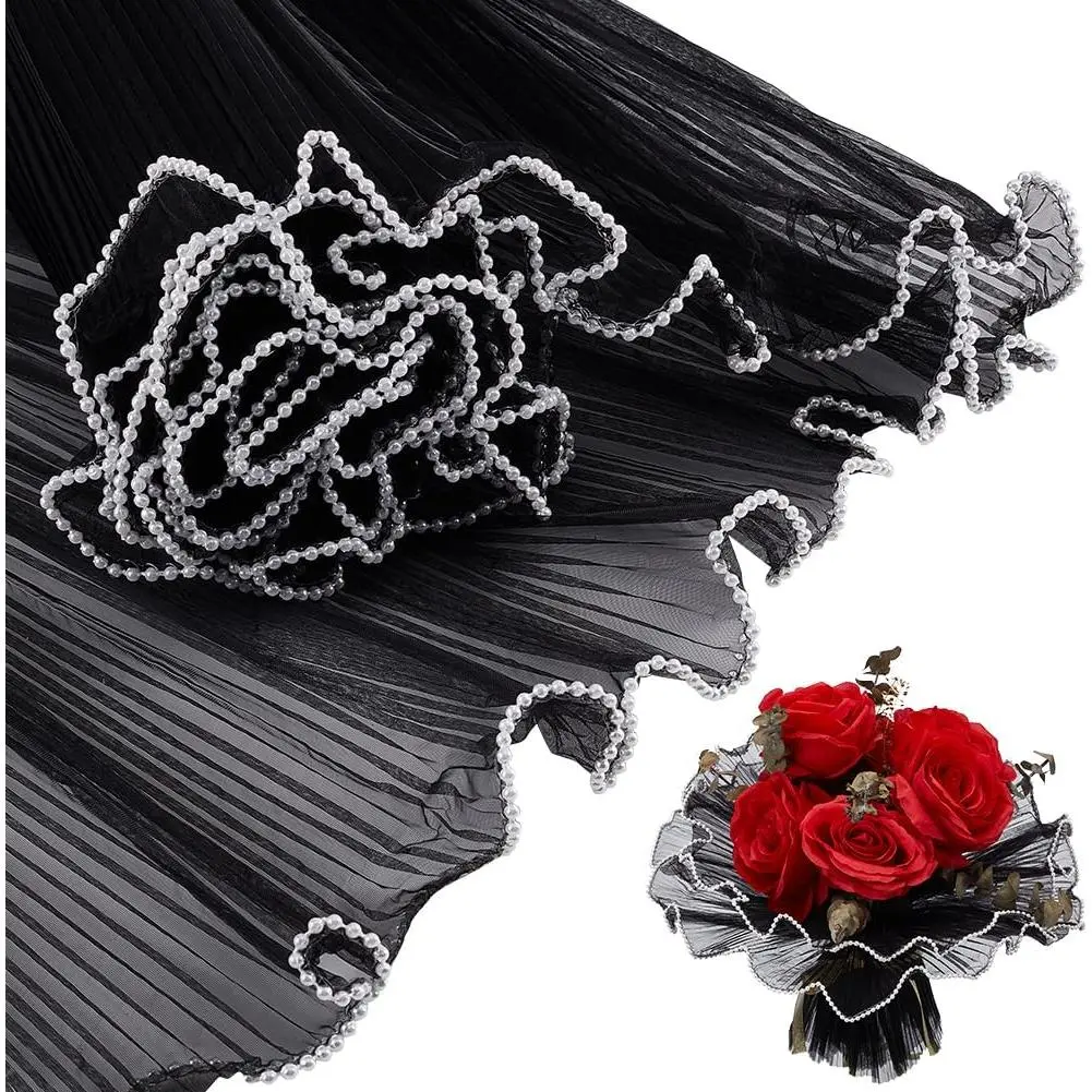 4.37 Yards Black Flower Wrapping Mesh Paper,  Edge Bouquet Packaging Paper Wrinkled Translucent for Wedding Decor, Florist Supplies Wedding Festival Gifts Packaging