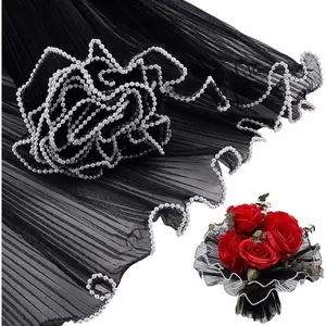 4.37 Yards Black Flower Wrapping Mesh Paper,  Edge Bouquet Packaging Paper Wrinkled Translucent for Wedding Decor, Florist Supplies Wedding Festival Gifts Packaging