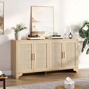 62 Inch Rattan Sideboard Buffet Cabinet, 4-Door Kitchen Storage Cabinet with Shelves, Farmhouse Accent Buffet Sideboard, Console Table for Living Room, Entryway