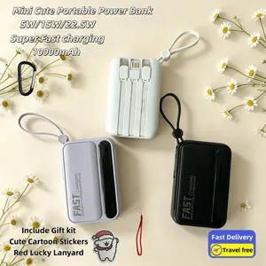 LADAPU Mini Cute 10000mAh Fast Charging Power Bank 5V2A Small Size Large Capacity Rechargeable Portable Charger with 4 Built-in Cables LED Digital Display for iPhone Android Black Smartphone Outdoor Portable Charger