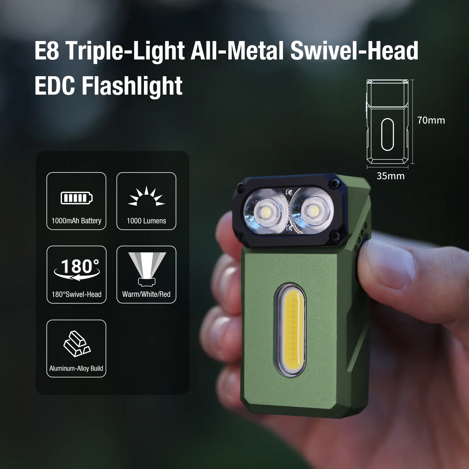 KLARUS E8 Pocket Flashlight | 1000 Lumens Rechargeable Flashlight with 180° Swivel Head, Triple-Light Design, Magnetic Base, Pocket Clip, IPX6 Waterproof for EDC, Emergency, Camping & Repairs