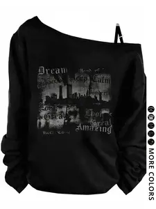 Women's Off-Shoulder Knit Sports Sweatshirt with City Print Graphics, Casual Long Sleeve Top for Summer Outdoor Stylish Y2K Fashion Fit Womenswear