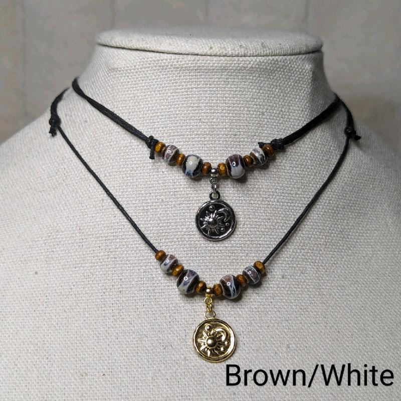 Ceramic Beaded Silver or Gold Moon & Sun Charm Boho Hippie Whimsical Adjustable Black Rope Cord Choker Stacking Necklace