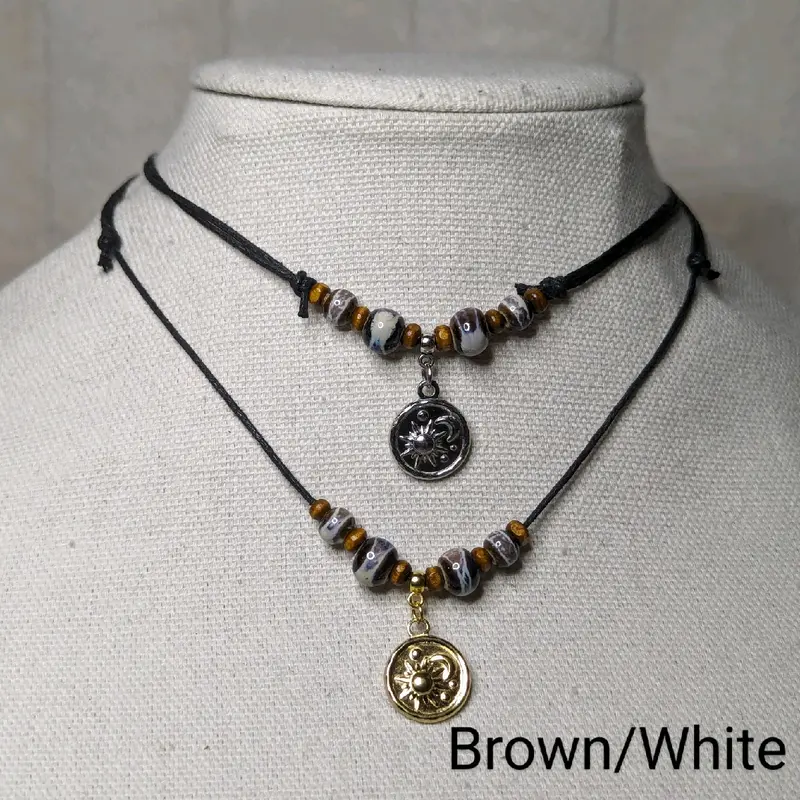 Ceramic Beaded Silver or Gold Moon & Sun Charm Boho Hippie Whimsical Adjustable Black Rope Cord Choker Stacking Necklace
