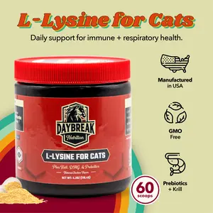 Daybreak Nutrition L-Lysine for Cats and Kittens - 900 mg L Lysine Powder for Cats for Immunity & Respiratory Support - Cat Supplement with L-Lysine, Prebiotics, Krill, & DMG for Immune System