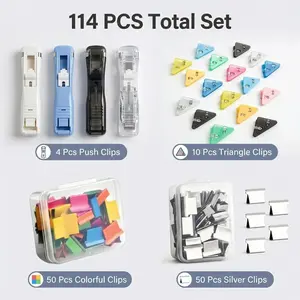 Clip Dispenser Refill Clips Sorting Marking Clip Set, total 114 pieces. The set includes 4 clip dispensers, 50 colored clips, 50 silver clips and 10 triangular clips, all reusable. Ideal for sorting exam papers, documents and files.