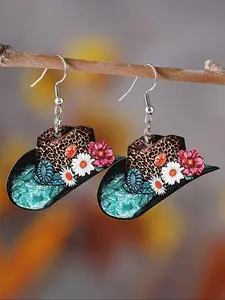 Boho Style Floral & Leopard Print Dangle Earrings, Statement Earrings, Fashion Hat Shape Jewelry for Women, Daily Clothing Decor, Trendy All-match Jewelry for Birthday Gift