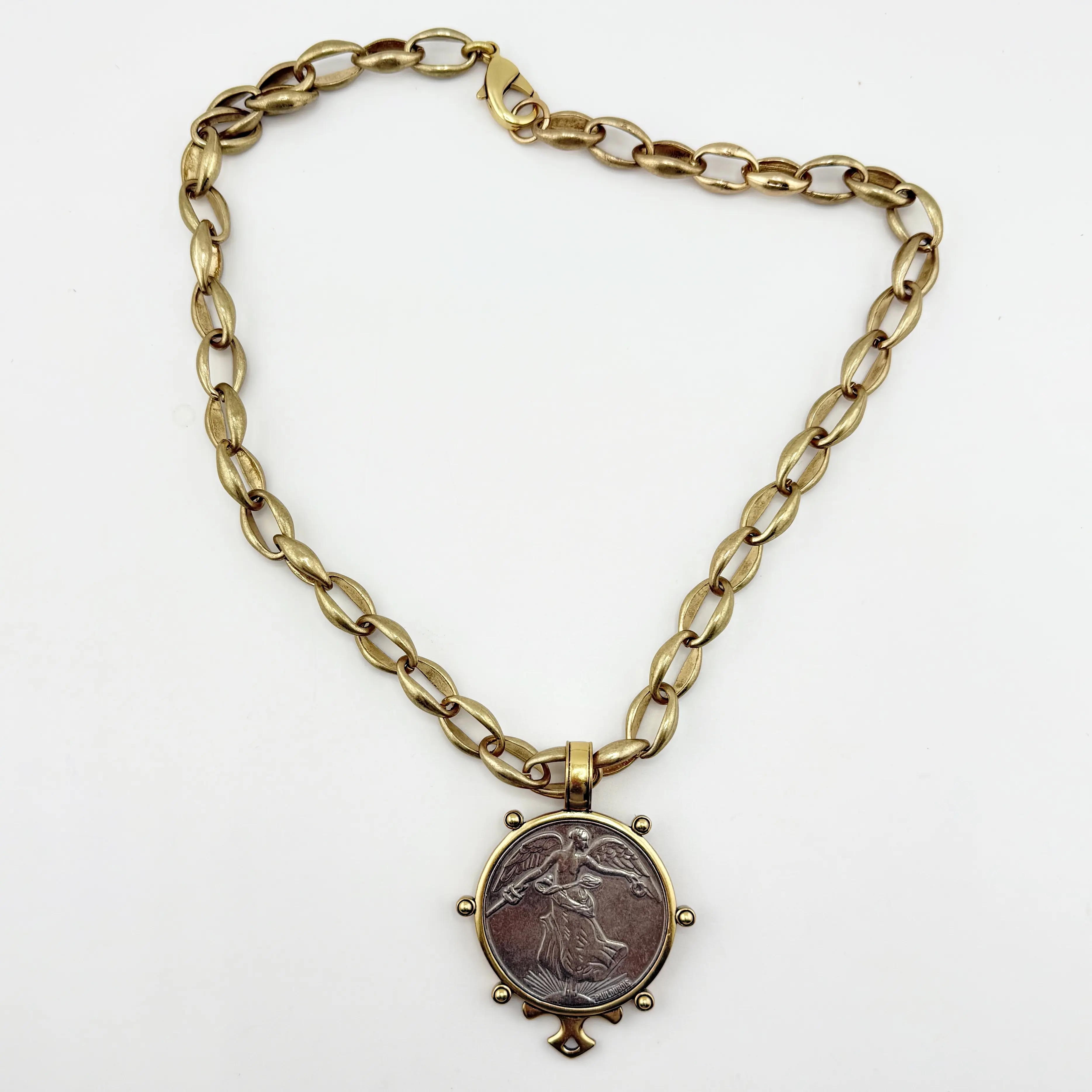 French Coin Pendant with Icon Bezel - Bold Chunky Statement Necklace, 22" Chain, Antique Silver or Gold Setting