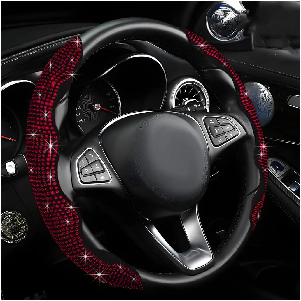 Bling Crystal Rhinestone Steering Wheel Cover 2-Piece Set, Segmented Non-Slip Car Interior Protector & Decoration, Universal Fit for Most Automotive Steering Wheels, Red, Two Piece Set