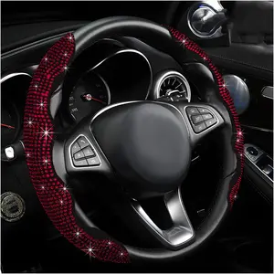 Car Accessories 2-Piece Segmented Steering Wheel Cover, Non-Slip Bling Crystal Rhinestone Protector & Decoration, Universal Fit for Most Steering Wheels, Red Car Interior Accessory
