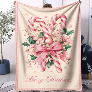 Vintage Pink Candy Cane & Floral Bouquet Print Flannel Blanket, Elegant Pastel Floral Collage Throw Blanket, Cozy Soft Warm Blanket for Bed & Couch, Charming Gift Blanket for Sweet & Romantic Style Enthusiasts