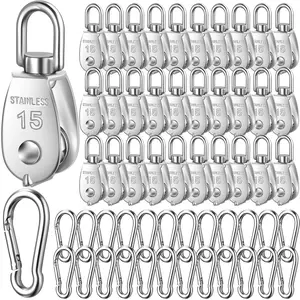 Ferraycle 30 Pcs Single Pulley Block System 304 Stainless Steel Pulley Wheel Hanging Wire Towing Wheel with 30 Pcs Spring Snap Hook, Lifting Wire Rope Single Swivel Roller, Silver(M15)