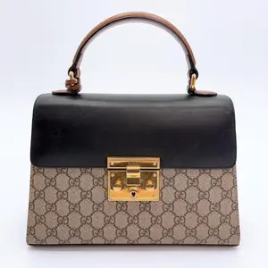 Pre-owned GUCCI GG Supreme Monogram Small Padlock Top Handle Bag Beige Black Cuir