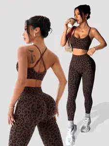 Women's Spring Summer Leopard Print Two-Piece Set, Fitness Activewear, Adjustable Straps Backless Top + High Waist Tummy Control Nine-Point Tight Yoga Pants