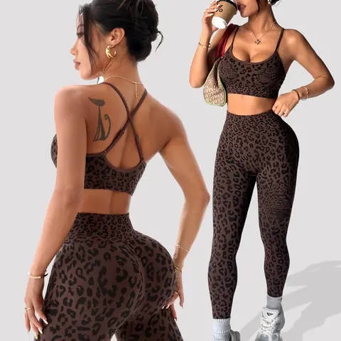 Women's Spring & Summer Leopard Print Two-Piece Set, Adjustable Straps Backless Top & High Waist Slim Fit Pants, Sweat-Wicking Yoga Fitness Wear, Fitness Clothing