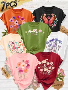 7Pcs Women's Crew Neck T-Shirts, Tulip Poppy Floral Illustration Print Set, Multiple Colors Available, Machine Washable, Spring & Summer Tops, Soft Skin-Friendly Fabric, Daily Versatile, Fashion Design
