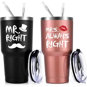 Mr. Right Mrs. Always Right Travel Tumbler Set, Wedding Engagement Gifts for Husband Wife Newlywed Couples Bride Anniversary Bridal Shower, 30oz Stainless Steel Tumbler, Black and Rose