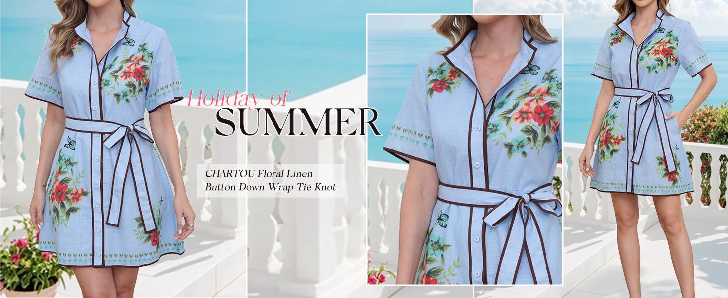 CHARTOU Women's Floral Linen Button Down Wrap Tie Knot Boho Beach Shirt Dress with Belt