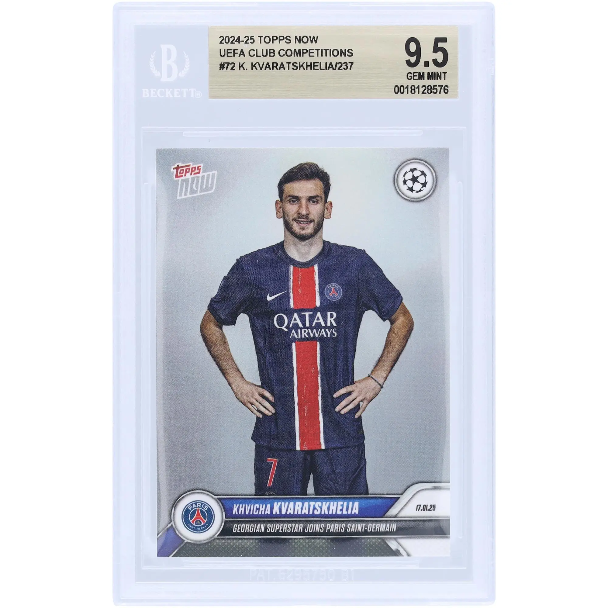 Khvicha Kvaratskhelia Paris Saint-Germain (PSG) 2024-25 Topps Now Georgian Superstar Joins Paris Saint-Germain #72 BGS Authenticated 9.5 Card - Fanatics Authentic Certified