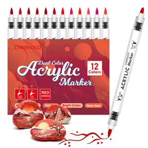 Dual Tip Acrylic Paint Markers 12 Count Set, Soft Brush & Fine Bullet Tip Waterproof Paint Pens, Assorted Colors (Red/Yellow/Grey/Blue/Green/Purple/Brown), Ideal for Rock Painting, Wood, Glass, Ceramic, Canvas, Fabric & DIY Art Crafts