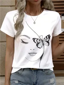 Women's Casual Short Sleeve Butterfly And Face Print T-Shirt Top, 100% cotton, made in USA
