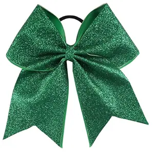 Glitter Cheer Bows Cheerleading Softball Gifts, Team Bow with Ponytail Holder Complete your Cheerleader Outfit,  Hair Ties Bands Elastics for Girls and Women, Green (Pack of 1)