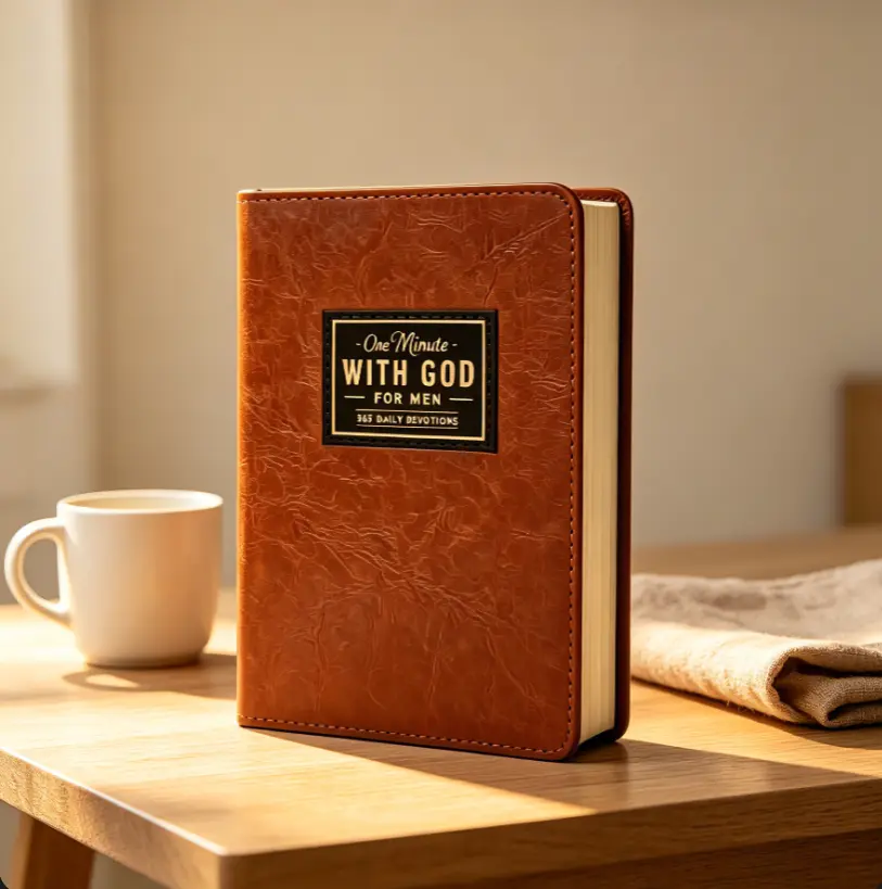 Leather-Cover Christian Devotional Notebook for Men - 365 Daily "1 Minute With God" Journal, Bible Study Tool, Religious Gift for Dads/Husbands, Office Stationery for Scripture Reflection