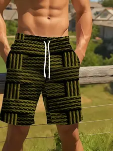 Men's Beach Shorts with 3D Digital Print, Metal Cord Weave, Elastic Waistband, Drawstring, Lightweight Summer Swimwear, Swimming Trunks