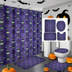 Gothic Halloween Pumpkin Shower Curtain Set, Includes Hooks, Bath Mat, U-Shaped Floor Mat & Toilet Lid Cover, Perfect for Festive Decor