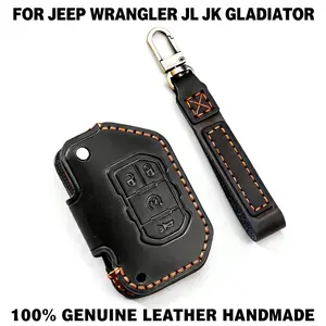 Key Fob Cover for Jeep Wrangler JL JK Gladiator, 4-Button Handmade Black Crazy Horse Genuine Leather Key Case with Key Ring