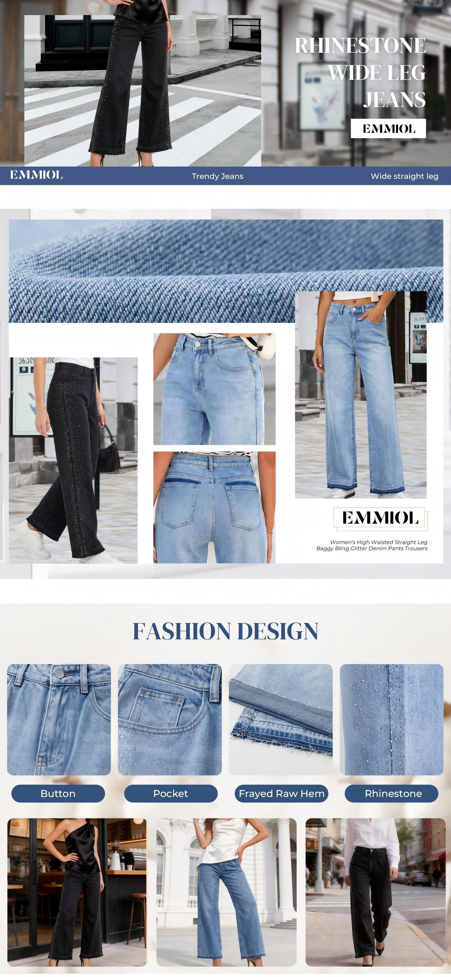 EMMIOL Women's Straight Wide Leg Rhinestone Jeans Trendy High Waisted Sparkly Bling Glitter Denim Pants Boyfriend