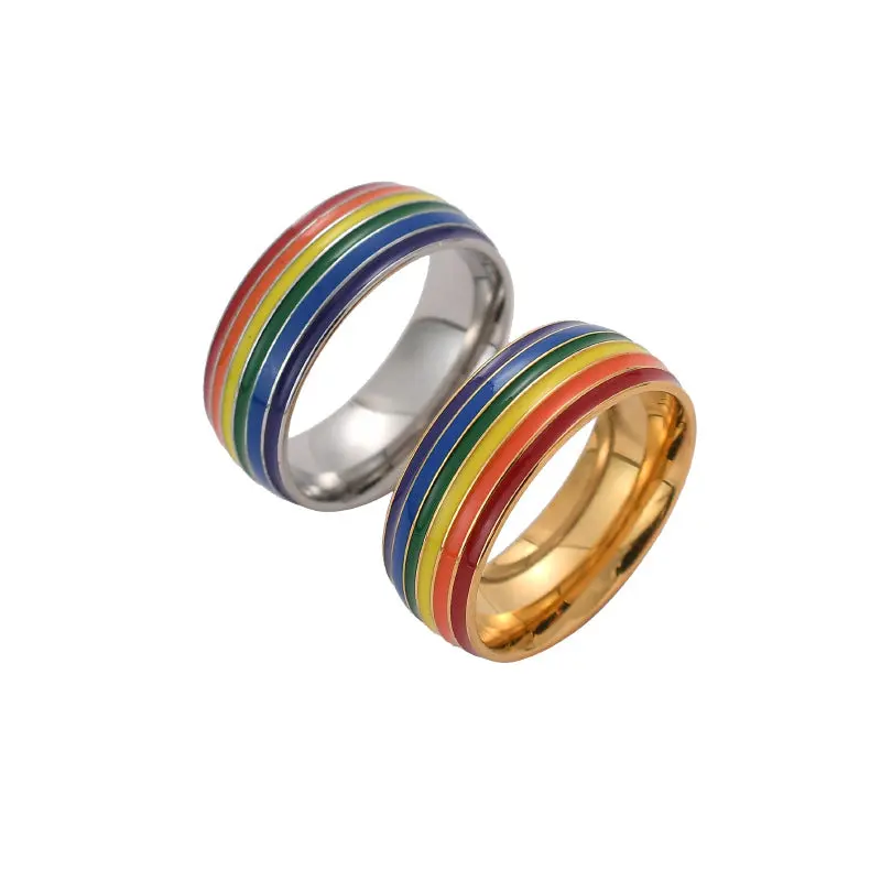 Rainbow Pride Ring in Polished Stainless Steel, Modern Unisex Band for Daily Wear, Lightweight Friendship Jewelry, Multi-Size Round Band, Available In Gold Or Silver Tones, Coordinating, Everyday, Matching Accessories, Rainbow Stripes, Unisex Fit, Persona