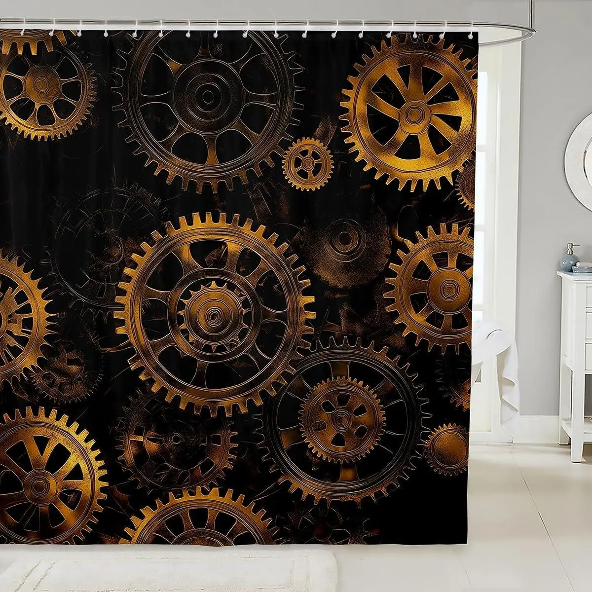 Feelyou Golden Industrial Gear Steampunk Shower Curtain - Modern Polyester Fabric, All-Over Print, Gold Pattern, Beautiful Patterns, Designer Print Clocks Theme, Waterproof, Washable, Multi-Size Bathroom Accessory with Included Hooks, Black, All-Over Prin