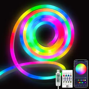16.4ft LED neon Lights with Remote APP Control IP65 Waterproof Flexible Neon Strip Lights 24V RGB Rope Lights for Bedroom Room Outdoors Décor