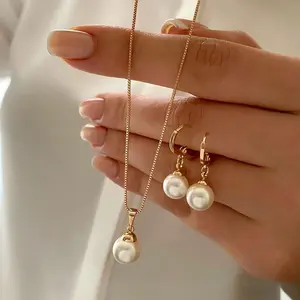 Pearl Pendant Alloy Light Luxury Pearl Earrings Necklace Set for Women