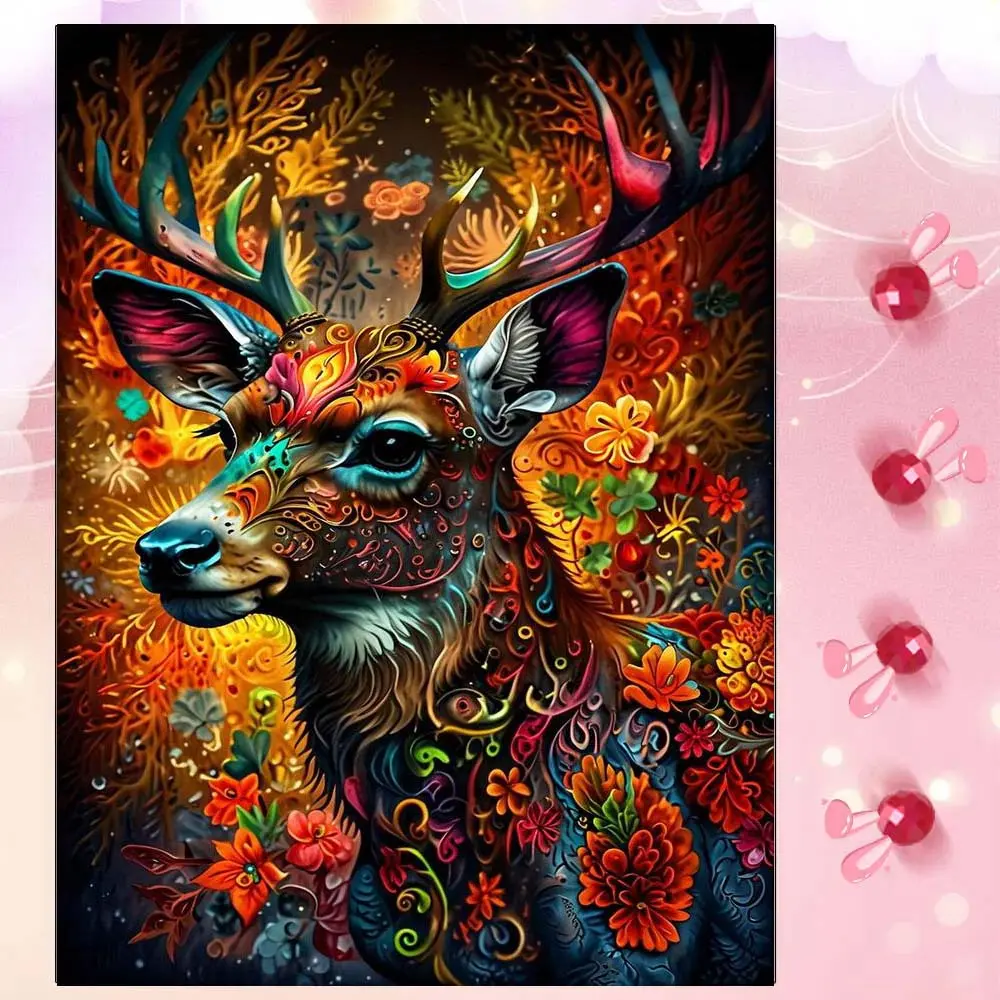 5D DIY Full Drill Round Diamond Painting - Diamond Art Kit Floral Deer Mosaic, Canvas - DIY Craft Decor, Home Wall Art, Suitable for Halloween and Christmas, Birthday and Anniversary Gifts