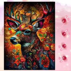 5D DIY Full Drill Round Diamond Painting - Diamond Art Kit Floral Deer Mosaic, Canvas - DIY Decor, Home Wall Art, Suitable for Halloween and Christmas, Birthday and Anniversary Gifts