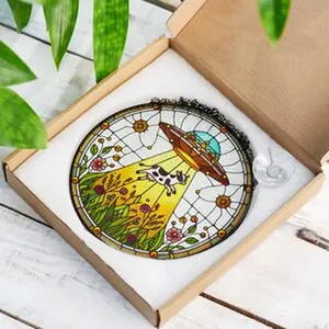 Funny UFO Abducted Cow Suncatcher: Quirky Farmhouse Window Hanging