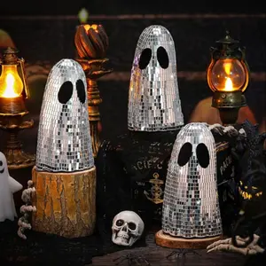 Halloween Disco Ghost Decorations, Silver Color Mirror Ball Table Decor, Glittering Ghost Sign, Layered Tray Mosaic Party Gift Centerpiece