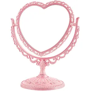 Heart Shaped Mirror Desktop Makeup Retro 360 Degree Rotation Standing Cosmetic for Dresser Room Decor Vintage Makeup Cosmetic Mirror(Pink)