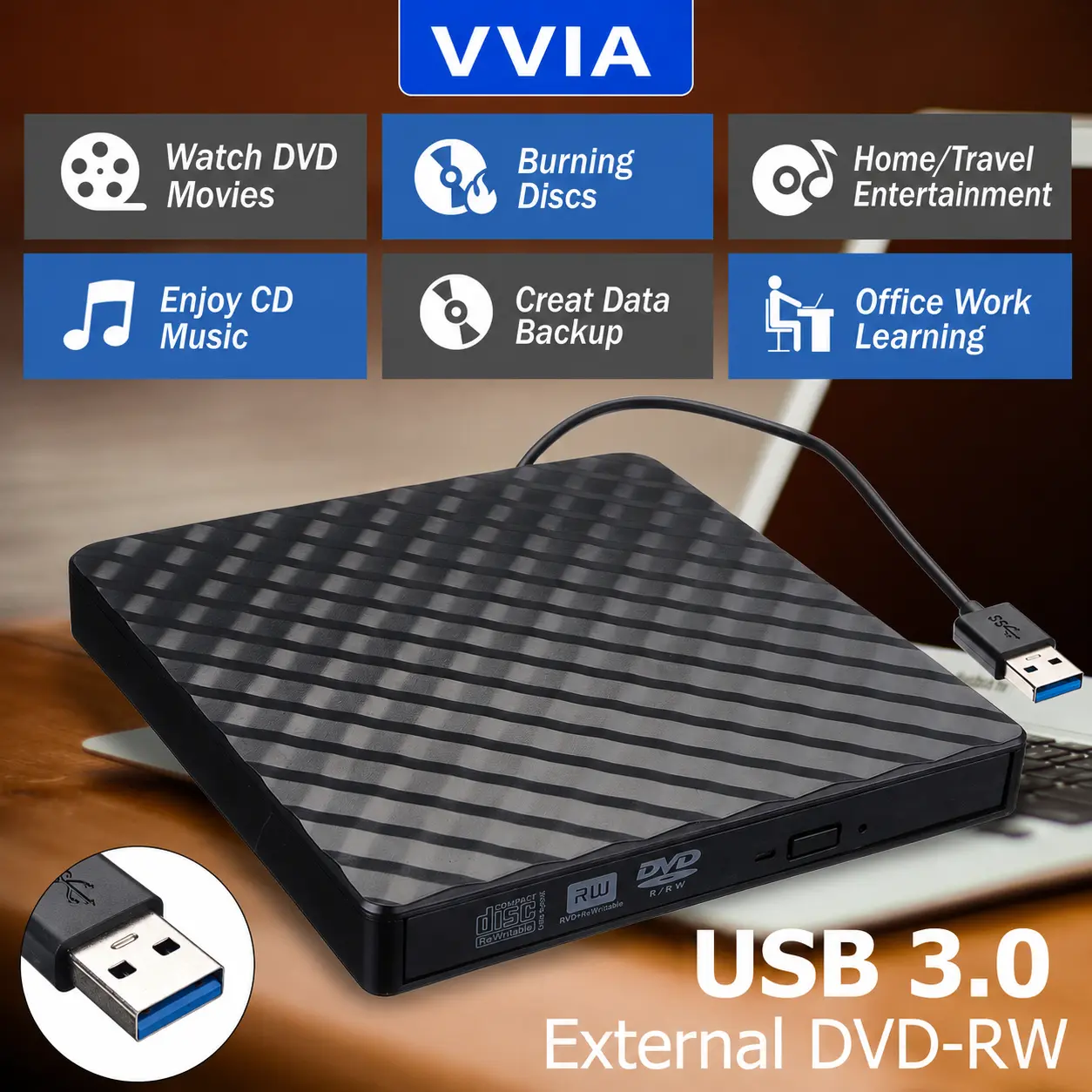 External DVD-RW CD Drive - Black and White Ultra-Thin Portable Stereo Texture USB 3.0 Burner, Reader for Laptop Users, Burning Discs, Office Work Learning