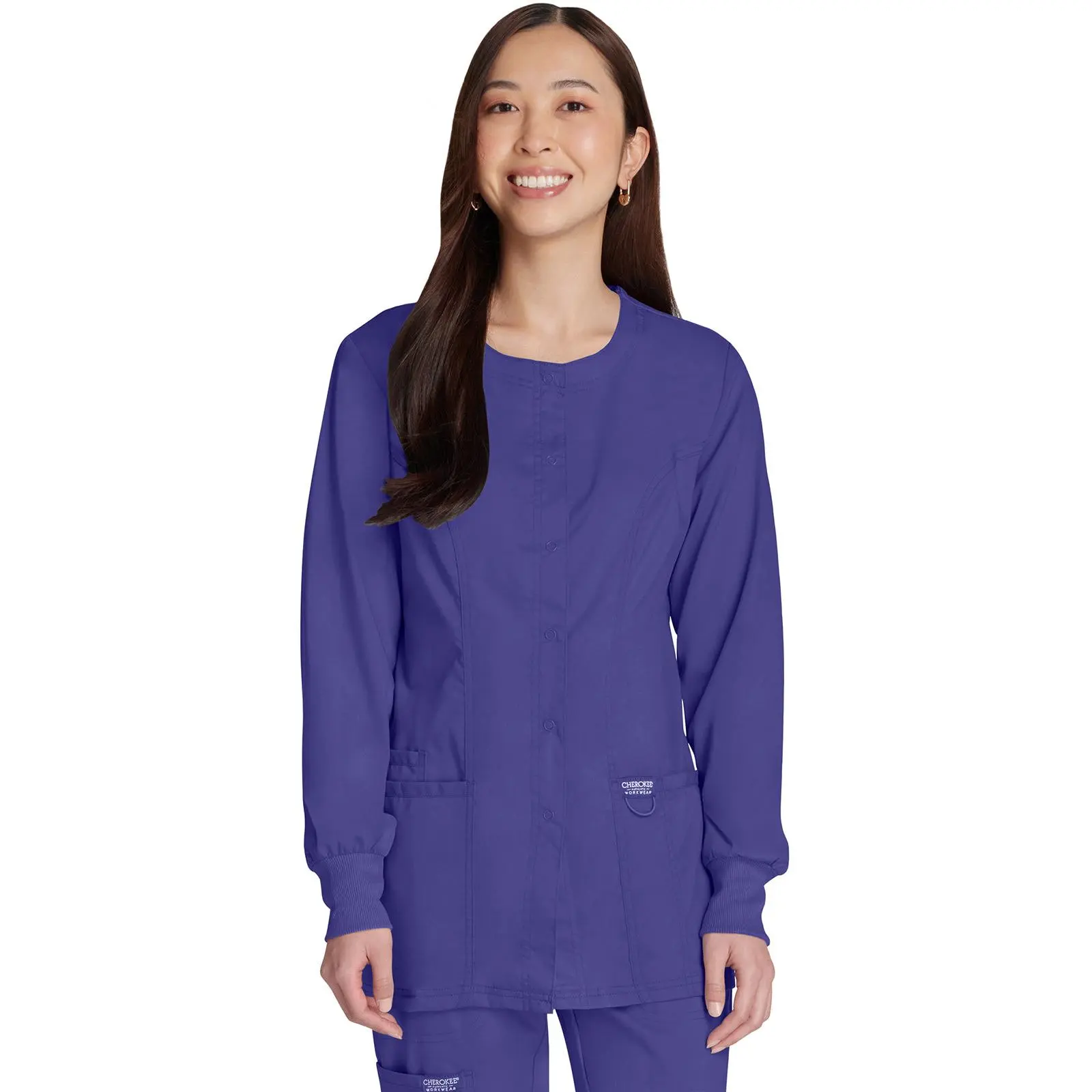 Cherokee Workwear Revolution Short Snap-Front Scrub Jacket, Imported Modern Classic Style with Patch Pocket, Pockets, Interior Cell Phone