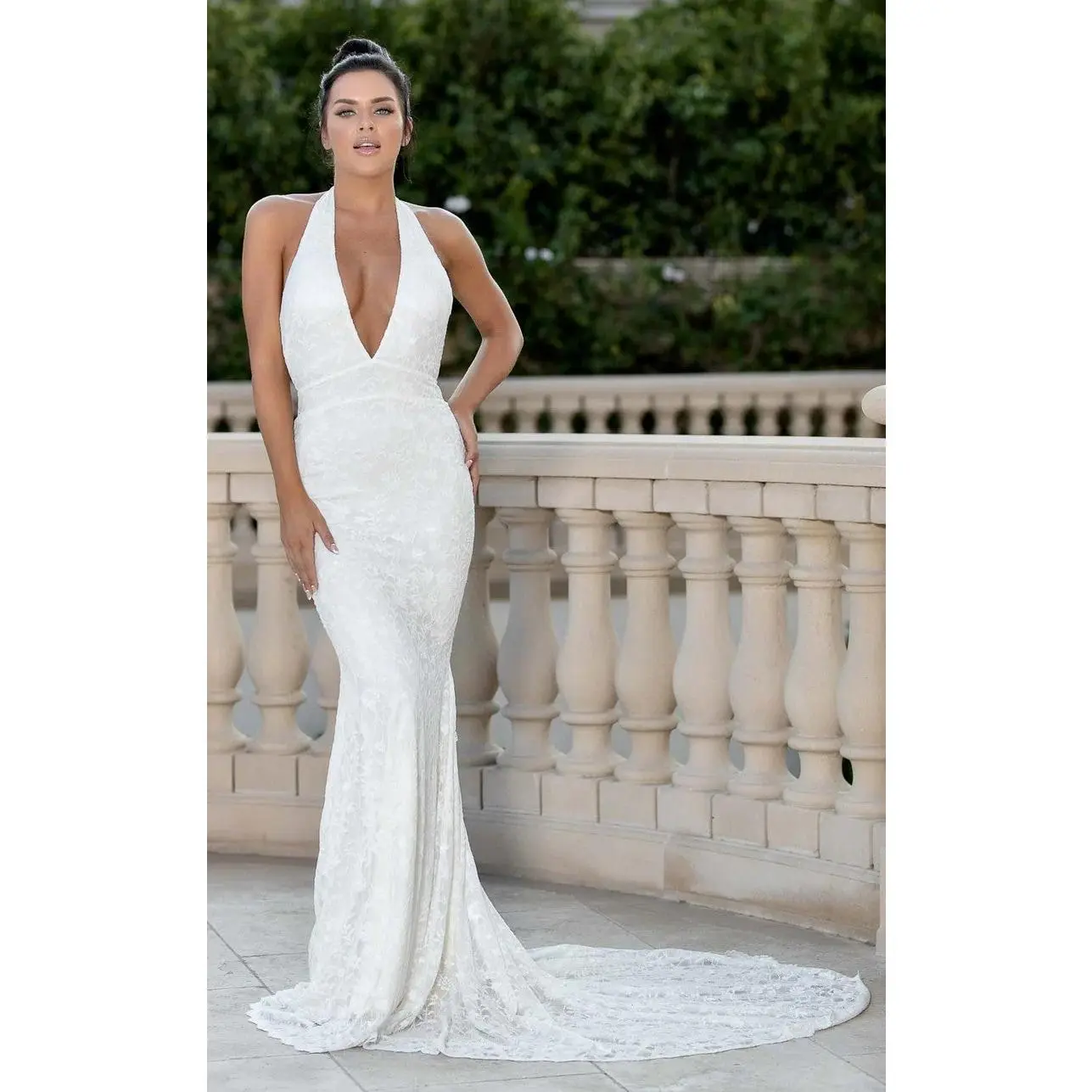 Jessica Angel JA10029 Plunging Halter Fitted Open Back Train Wedding Lace Dress