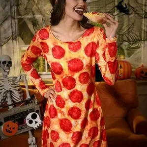 Spadehill Women's Halloween Long Sleeve Round Neck Costumes Fruit Printed Pockets A-Line Mini Dress