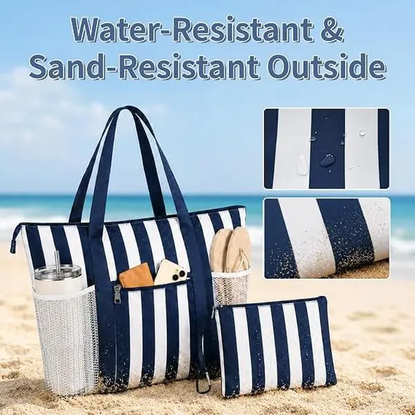 TAHAVICE Women's Modern Stripes Foldable Polyester Beach Storage Set (1 Large, 1 Small) - Waterproof Durable Folding Tote with Zippered Wet Compartment, Home Supplies Organizer, Foldable Tote Bags