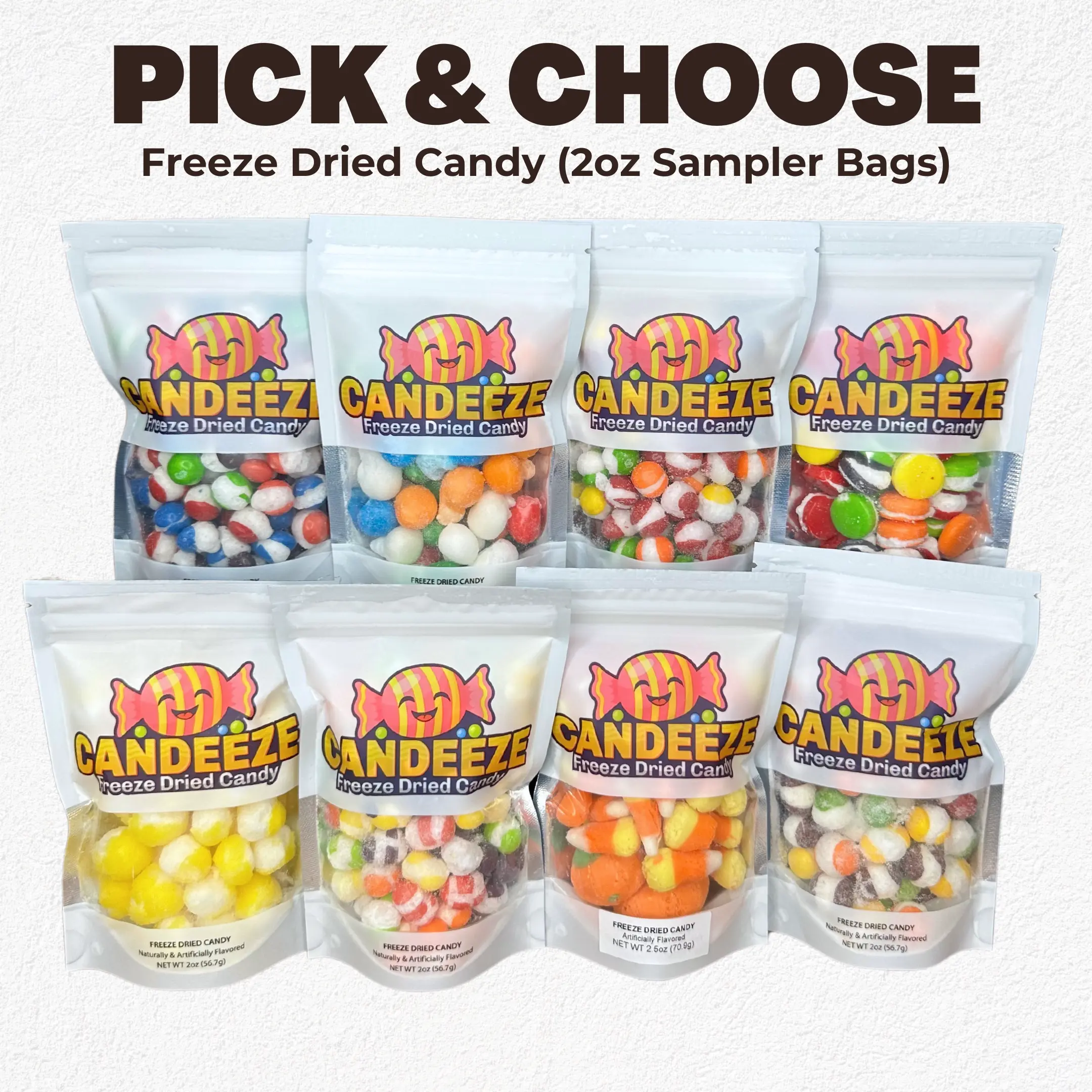 Candeeze Freeze Dried Candy Bundle - Pick & Choose 2oz Sampler Flavors - Made in USA - TikTok Shop - Crunchy & Crispy Candy Sweet Rainbow Lemon BonBon Snack