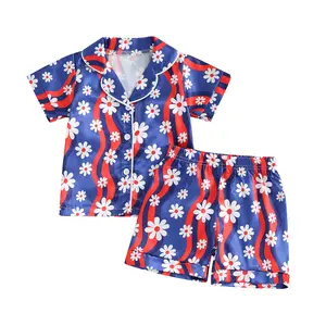Toddler Baby Girls 4th of July Satin Pajama Set Short Sleeve Button Down Tops Shorts Toddler Independence Day Pajamas Set