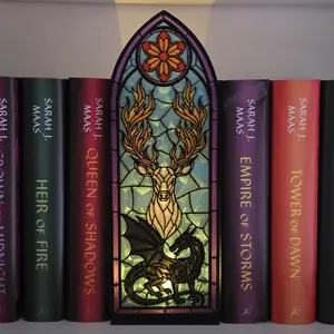 3D, Crown Court Fantasy Book Nook, XL Stained Acrylic Nook Decor, Stag & Wyvern Decor, Home Decorations, Fantasy Elements, Gifts, Gothic Arch Bookshelf Insert, Crown Court Fantasy Library Diorama, Gift for Readers & Dreamers(No Candle)